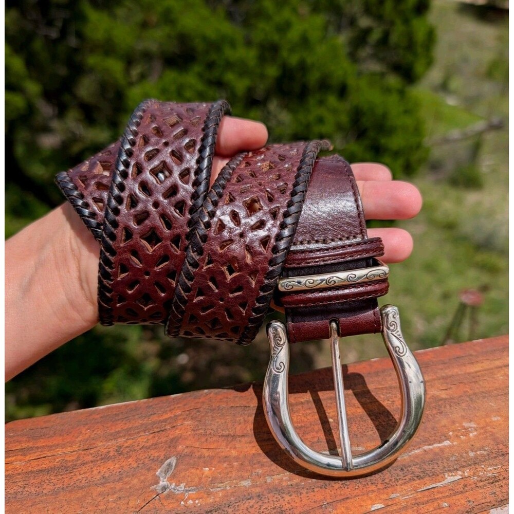 Brighton Dark Brown Leather Belt Lacing Cut Out Western Silver Buckle MED B20238 - Picture 2 of 6